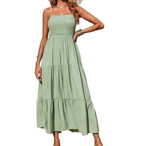 Women 's Boho Sleeveless Maxi Dress Solid Smocked Spaghetti Strap